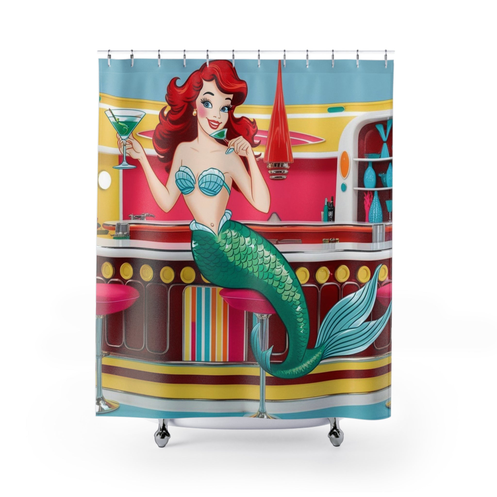 Retro Mermaid Shower Curtain - Fun Mid Mod Nautical Decor for Beach Lovers - Mid Century Modern Gal