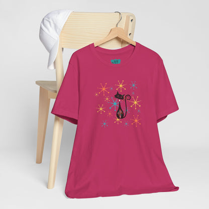 Atomic Cat Mid Century Modern Starburst Whimsical Cat Short Sleeve Tee - Colorful Star Design - Mid Century Modern Gal