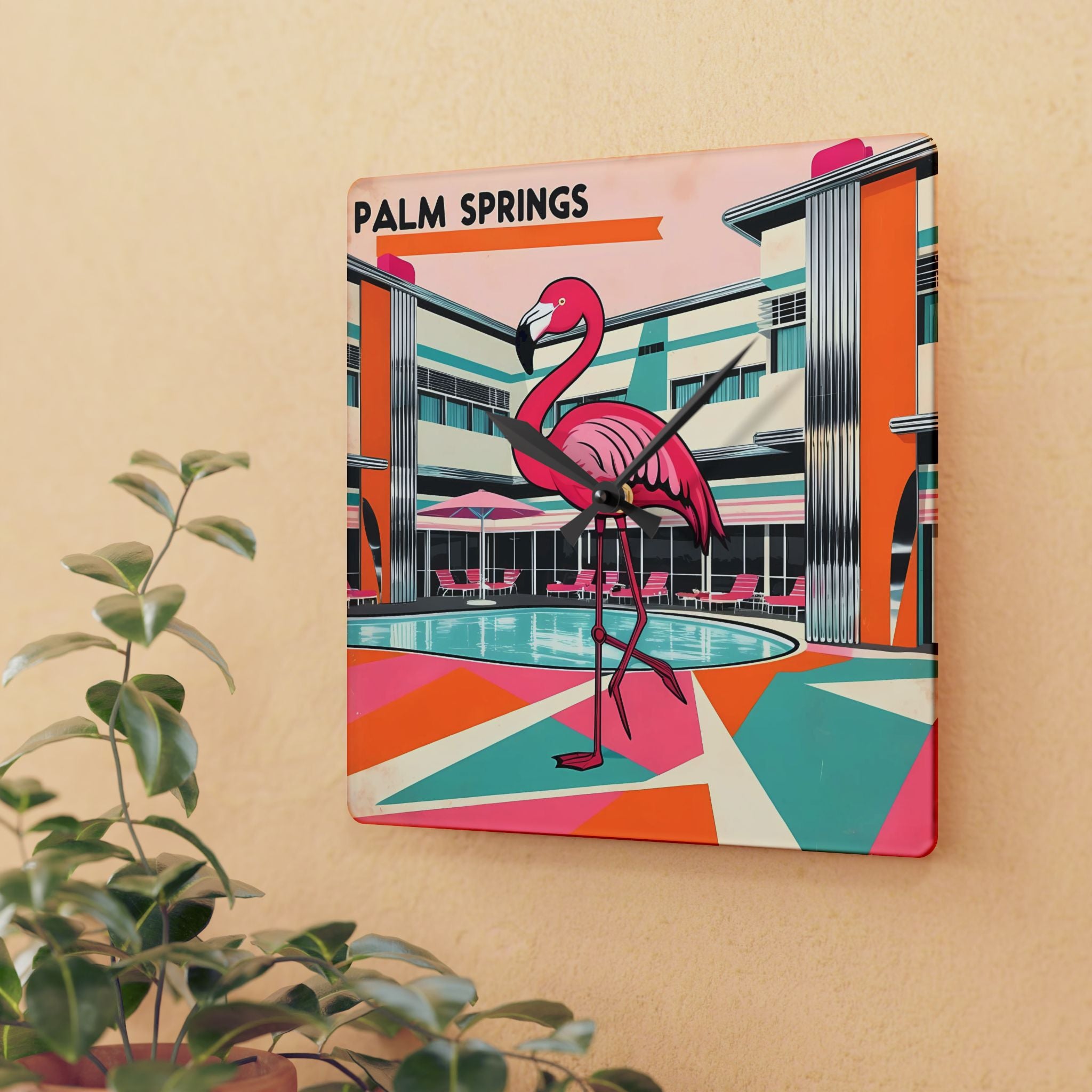 Retro Palm Springs Flamingo Wall Clock - Fun Home Decor for Beach Lovers, Gift for Housewarming, Summer Vibes - Mid Century Modern Gal