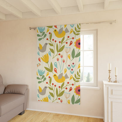 Folk Art, Modern Danish Hygge, Scandinavian, Norwegian, Bird, Floral, Yellow, Orange, Green, Window Curtains (1 Piece) - Mid Century Modern Gal