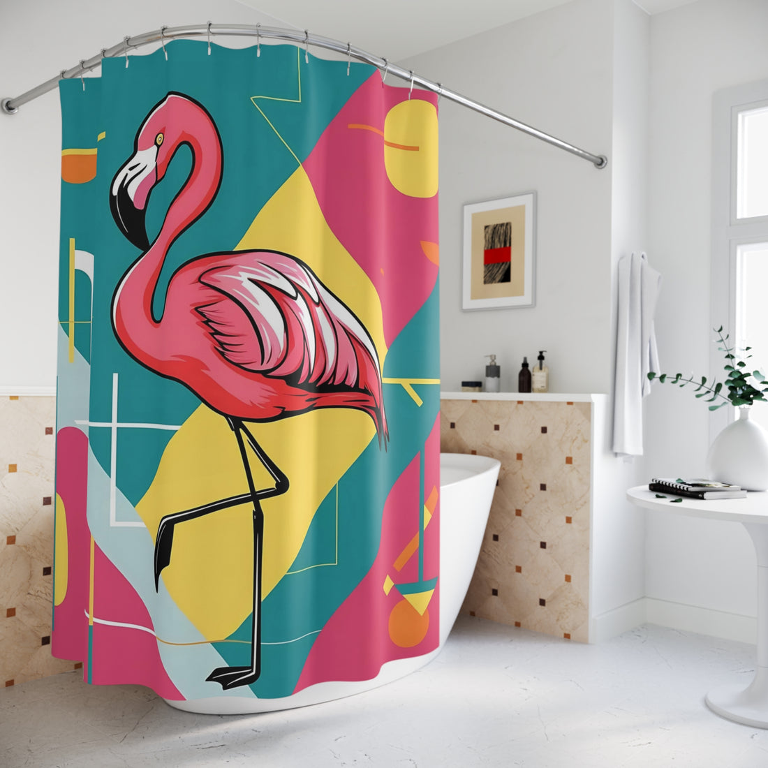 Palm Springs California, Mid Century Modern Tropical Flamingo Shower Curtain - Vibrant Bathroom Decor - Mid Century Modern Gal