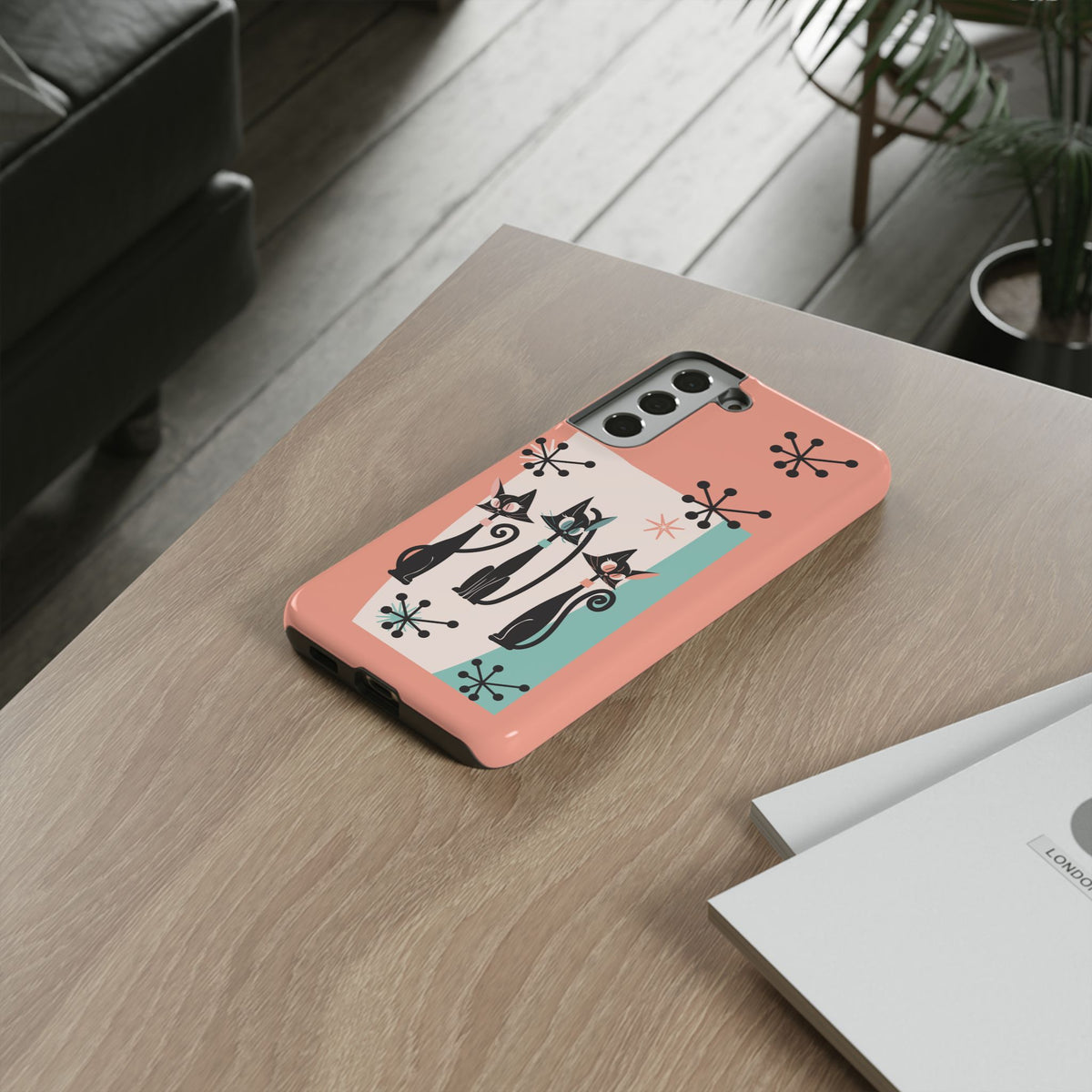 Atomic Cat Mid Mod Coral Aqua Blue Starburst Kitschy Fun Chic Samsung, Smart Phones Tough Cases
