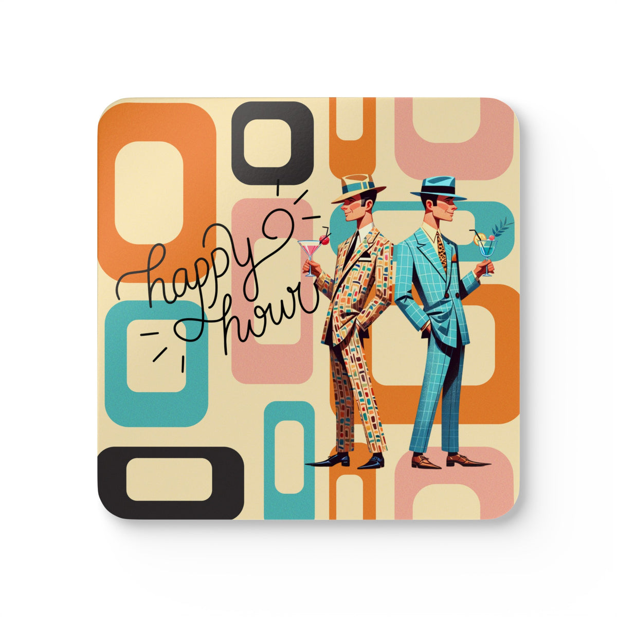 Mid Century Modern Gay Male Pride, Kitschy Fun Happy Hour Tabletop Corkwood Coaster Set - Mid Century Modern Gal