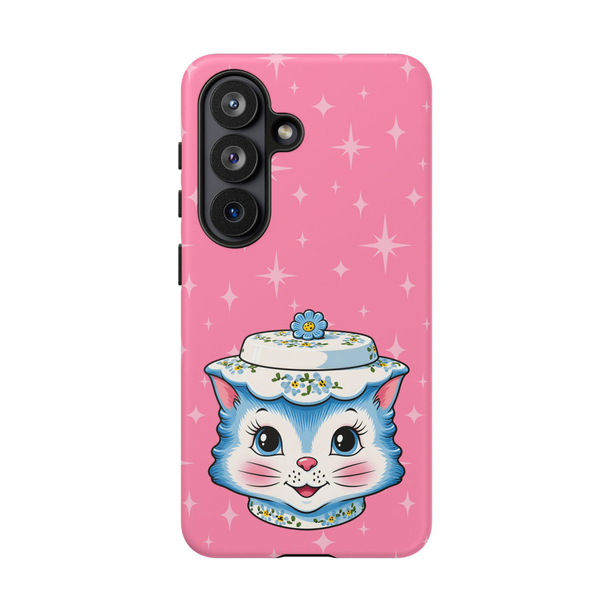Mid Century Modern Kitschy Anthropomorphic Blue Cat with Floral Hat Tough Phone Case