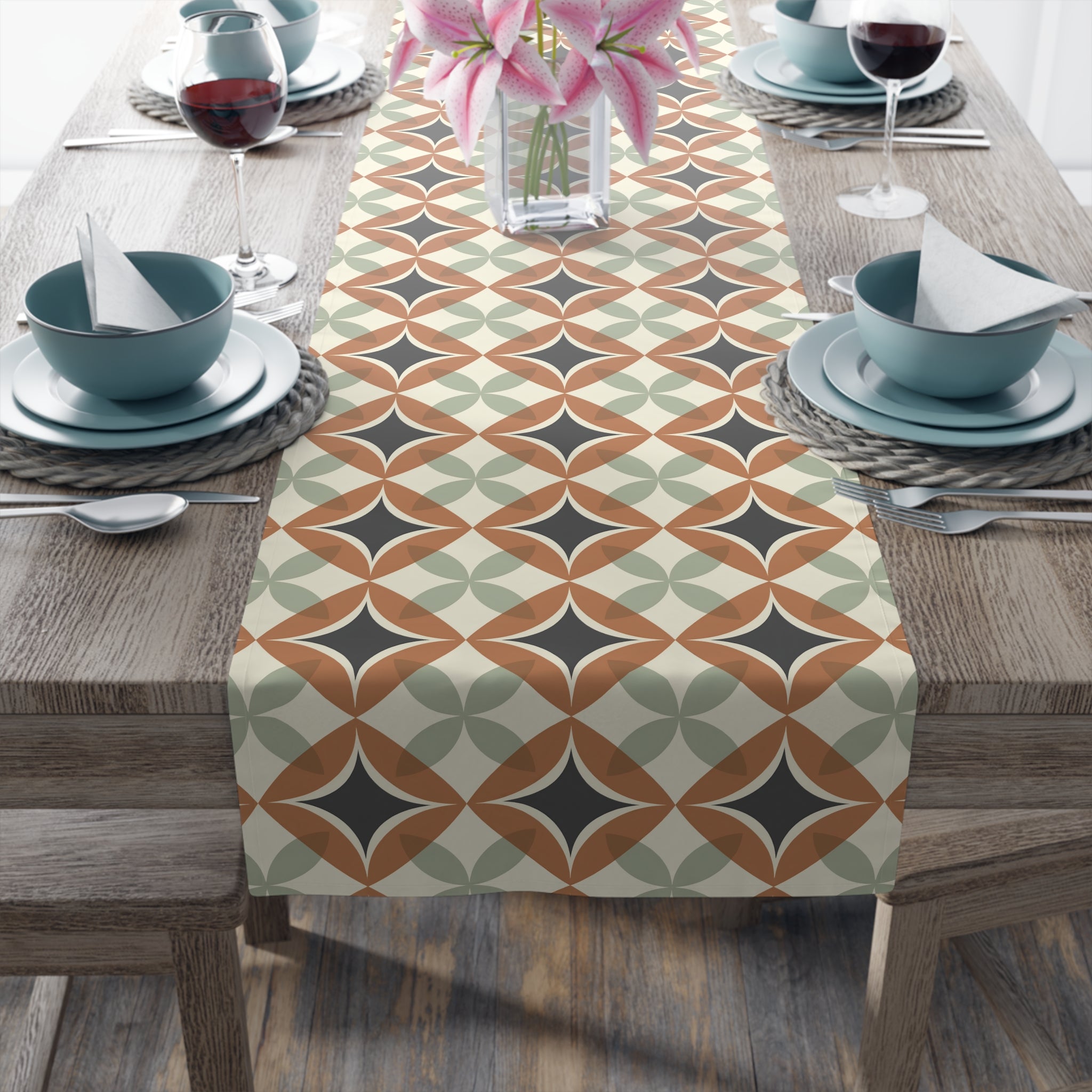 Mid Century Modern Interlocking Geometric, Terracotta Sage Charcoal Table Runner - Mid Century Modern Gal