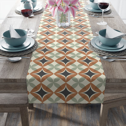 Mid Century Modern Interlocking Geometric, Terracotta Sage Charcoal Table Runner - Mid Century Modern Gal