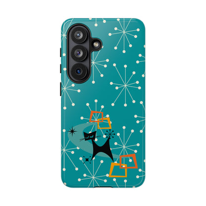 Atomic Space Cat, Starburst Blue, Retro Groovy Smart Phone Tough Phone Cases