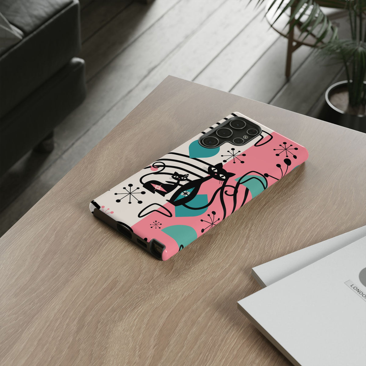 Mid Mod Atomic Cat Boomerang Starburst, Pink, Black Kitschy Stylish Cat Phone Case: Modern Design for Cat Lovers