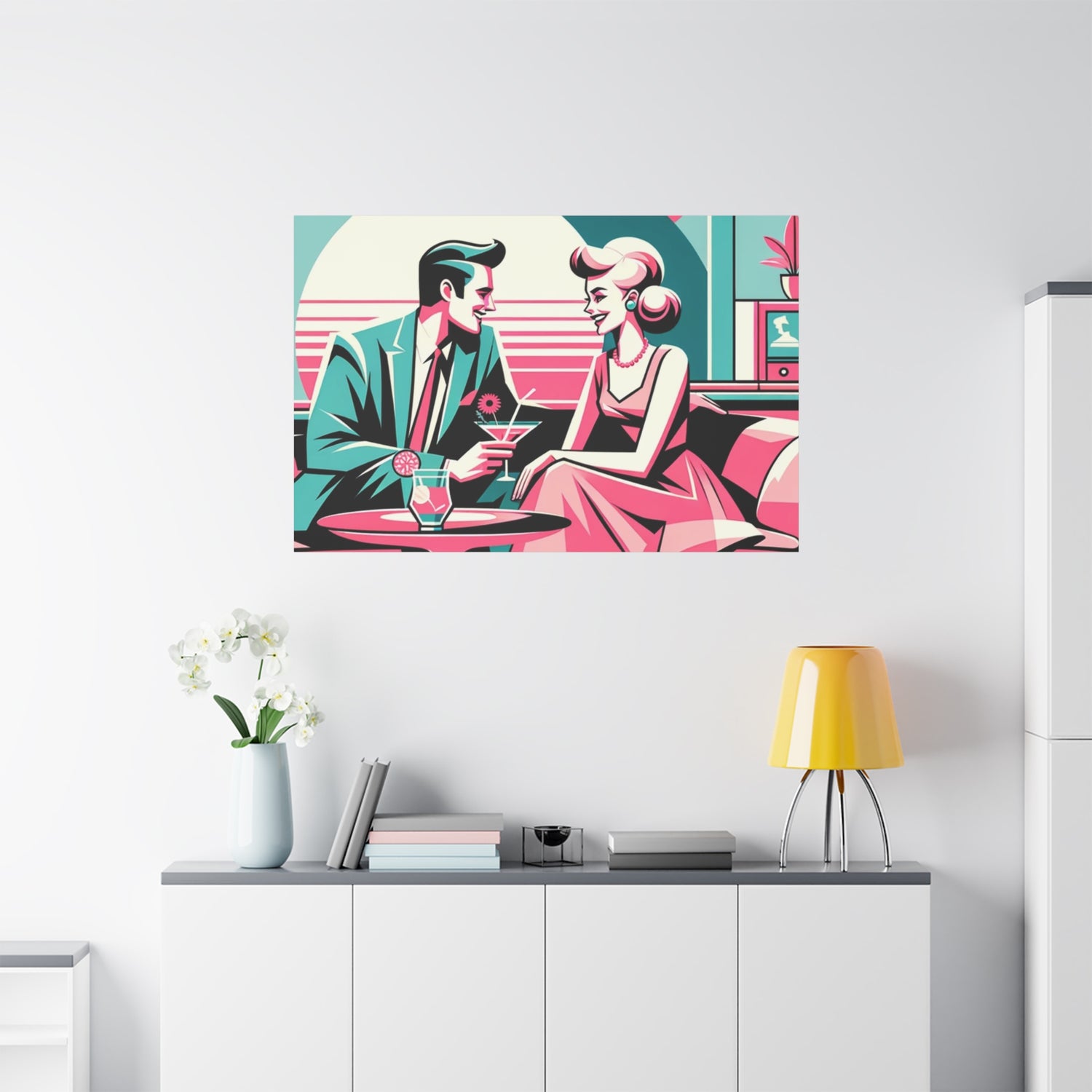 Mid Mod Retro Romance Pink, Aqua Teal Kitschy Mod Wall Art - Vintage Couple Design - Mid Century Modern Gal