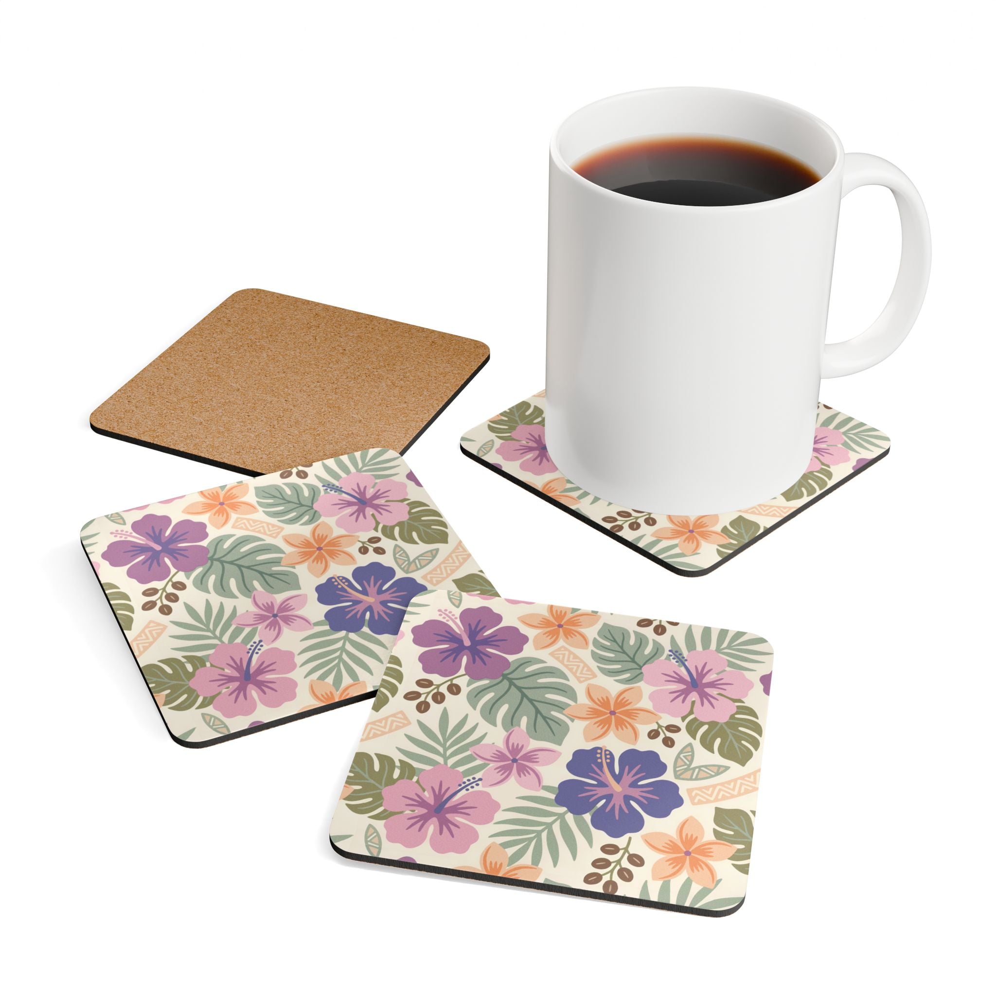 Retro Tropical Tiki Summer, Hawaiian Hibiscus Purple Corkwood Coaster Set - Mid Century Modern Gal