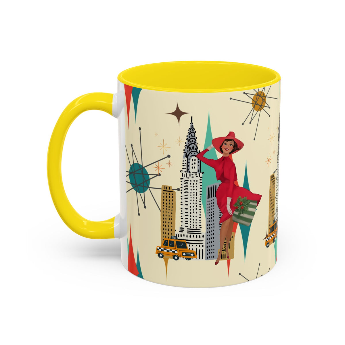 Mid Century Modern coffee mug featuring a kitschy Christmas design with a vintage cityscape and starburst accents.