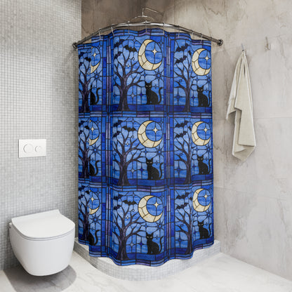 Halloween Stained Glass Style Night Sky Black Cat Shower Curtain - Mid Century Modern Gal