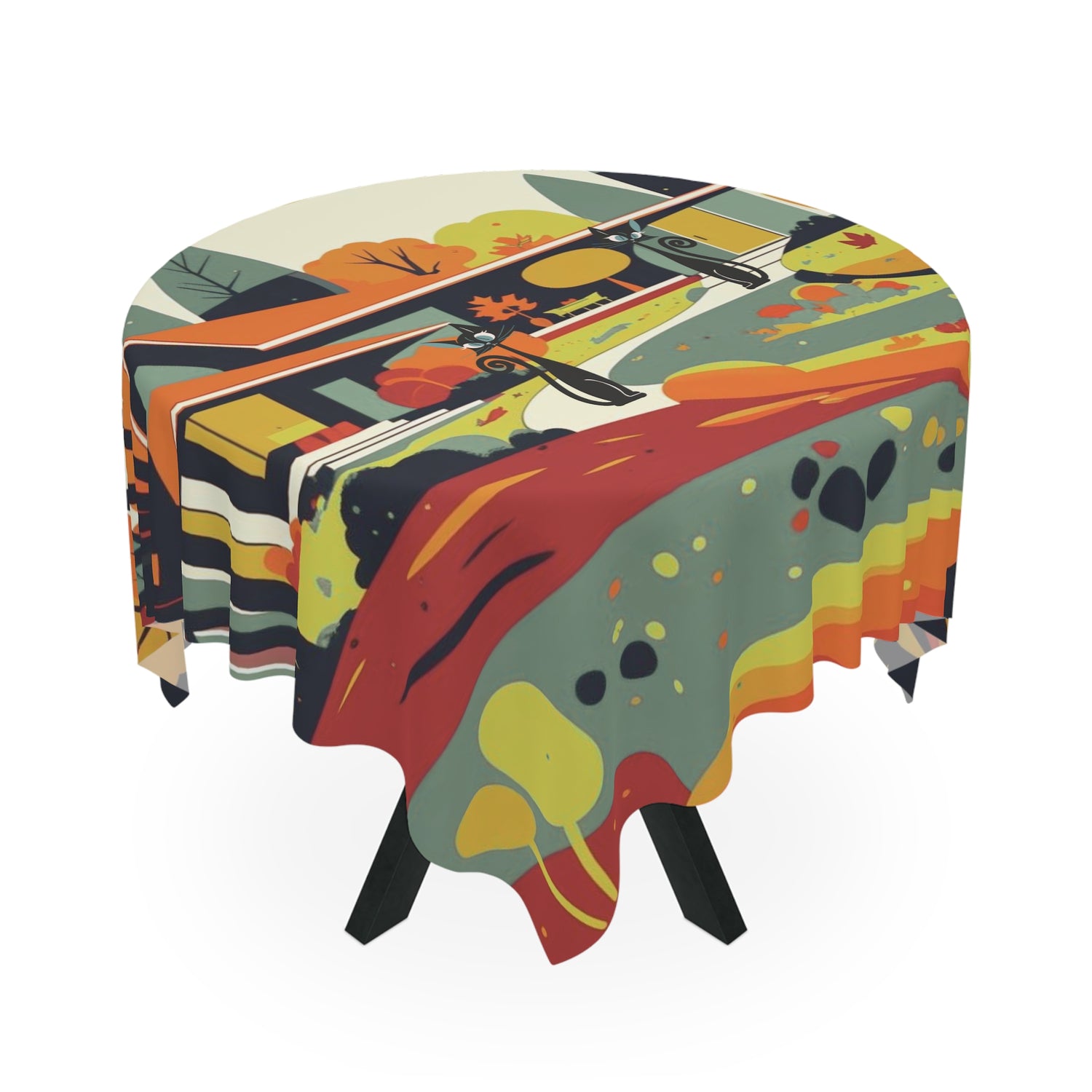 Scandinavian Fall Mid Century Modern Atomic Cat Kitschy Mod Seasonal Tablecloth - Mid Century Modern Gal