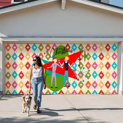 Mid Century Modern Christmas Gay Male Couple, Kitschy 50s Style Garage Door Banner Backdrop - Mid Century Modern Gal