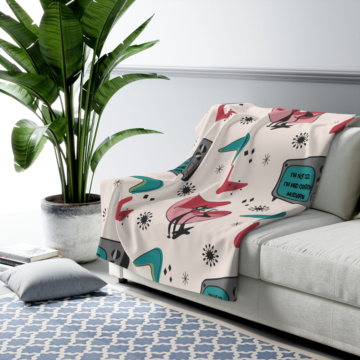 Atomic Cat Mid Century Modern Kitschy Quirky Milestone Birthday, I'm Not Old, I'm Mid Century Modern, Gift For Her Sherpa Fleece Blanket - Mid Century Modern Gal