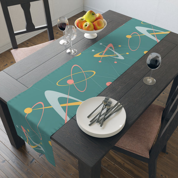 1950s Atomic Table Runner, Teal, Pink, Yellow Boomerang Abstract Retro Kitchen