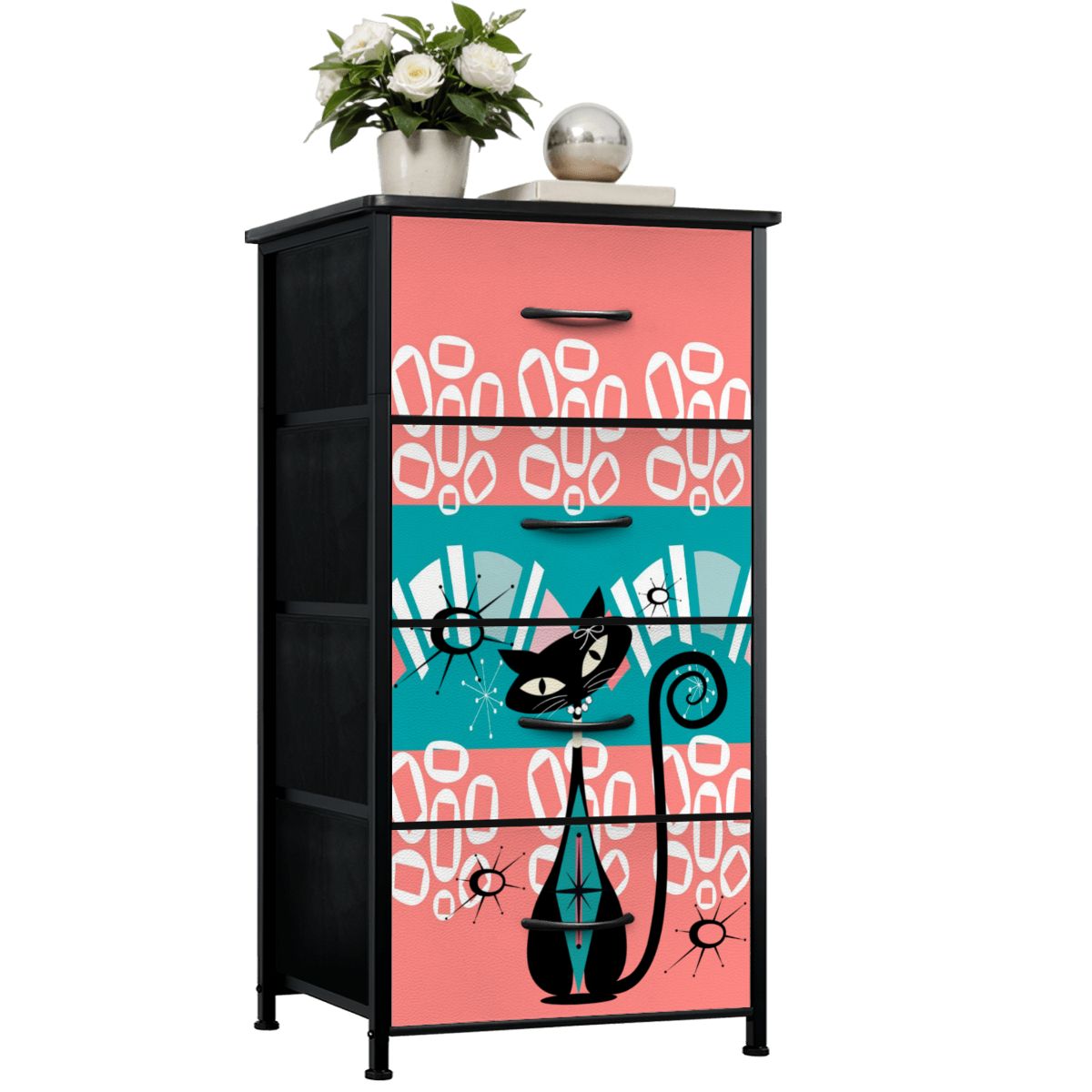Mid Century Modern Coral, Teal Kitschy Mod Cat Design 4-Drawer Dresser - Mid Century Modern Gal