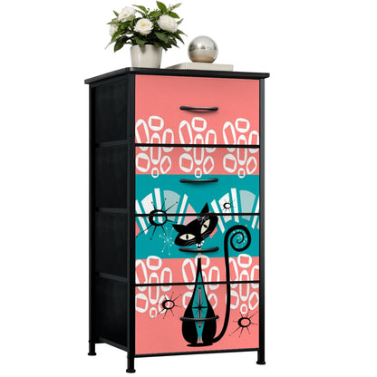 Mid Century Modern Coral, Teal Kitschy Mod Cat Design 4-Drawer Dresser - Mid Century Modern Gal