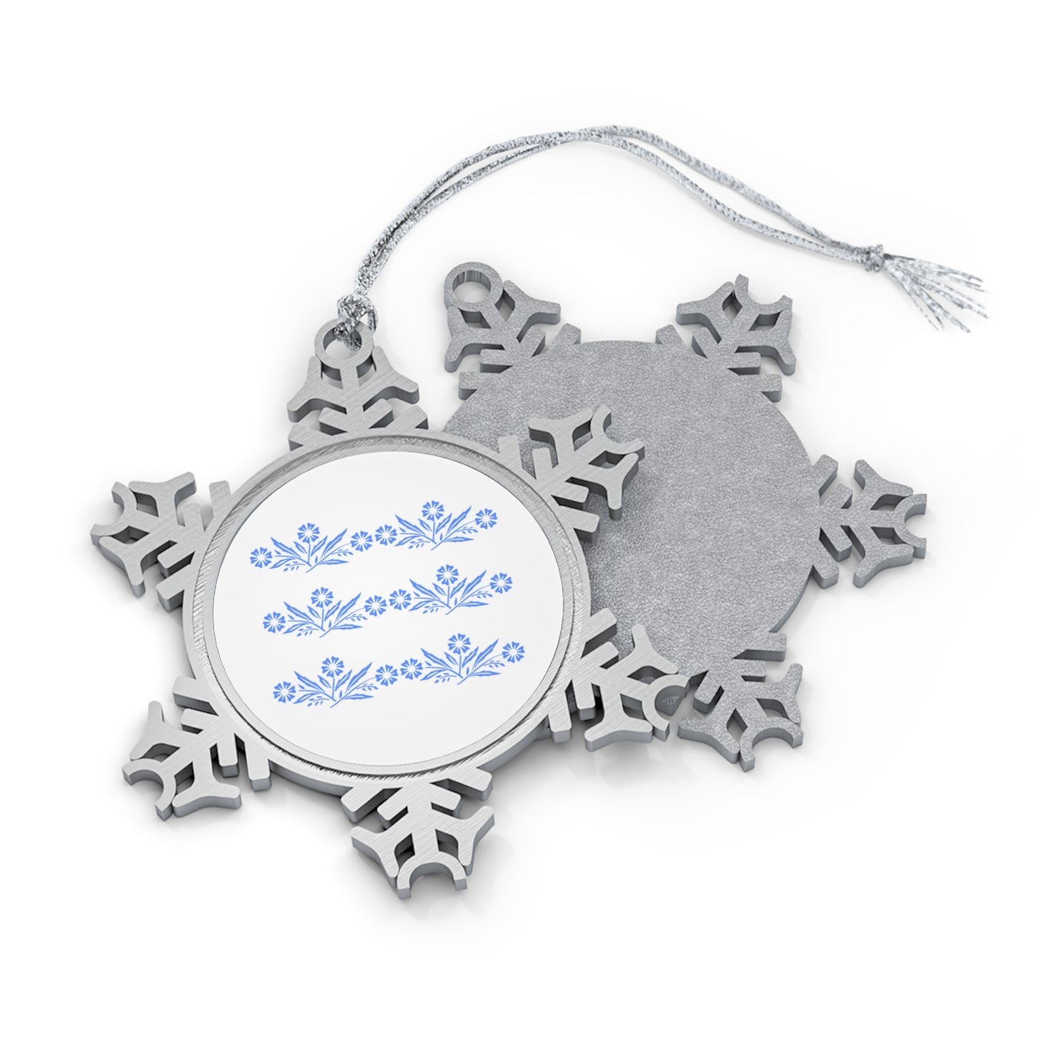 Blue Cornflower, Corningware Kitschy Christmas Pewter Snowflake Ornament