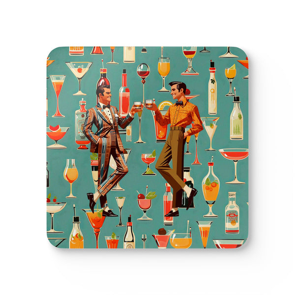 Atomic 50s Cocktail Coasters, Featuring Bourbon Drinking Dapper Males, MCM Style Corkwood Coaster Set
