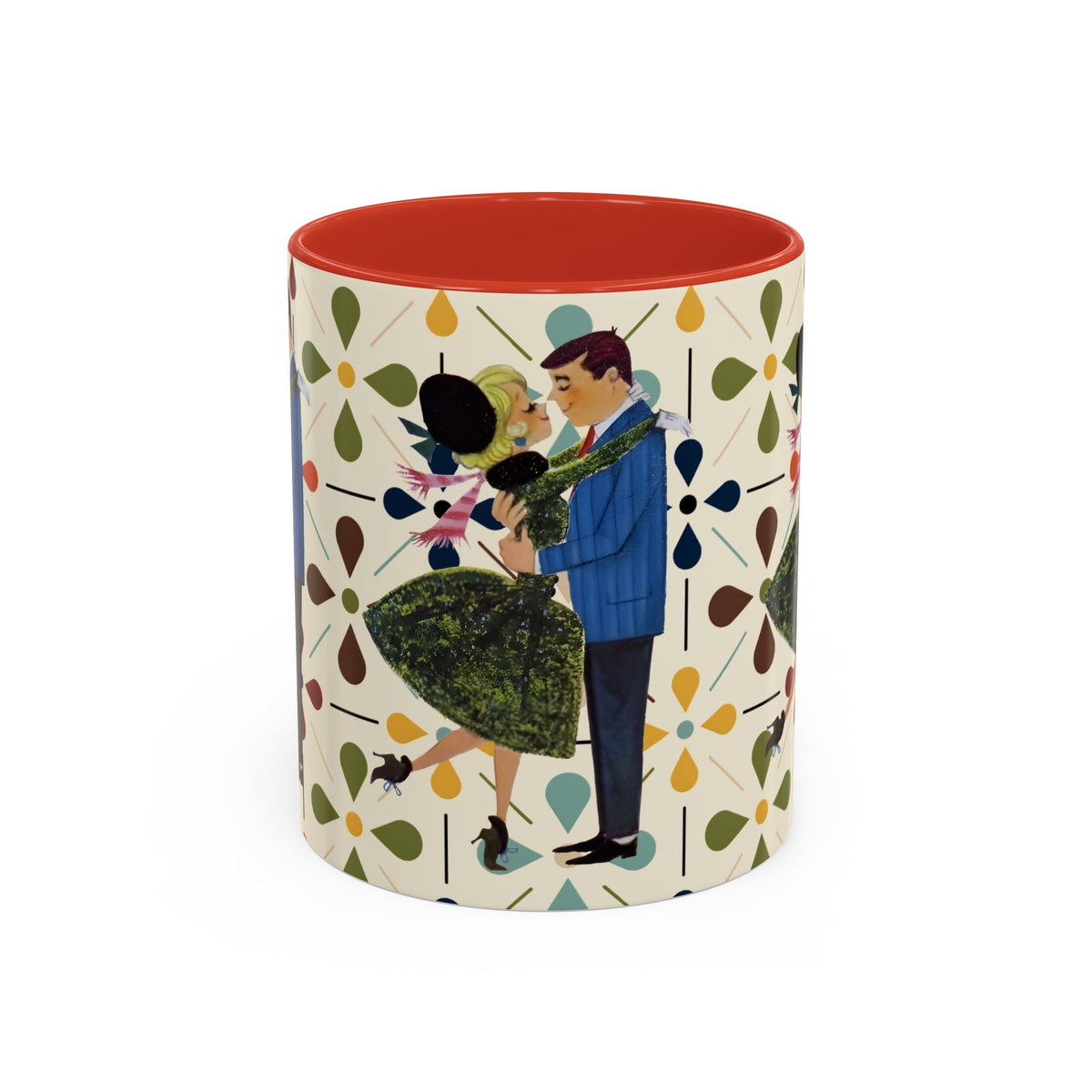 Mid Century Modern 50s Christmas mug featuring a couple dancing among colorful floral patterns in retro style.