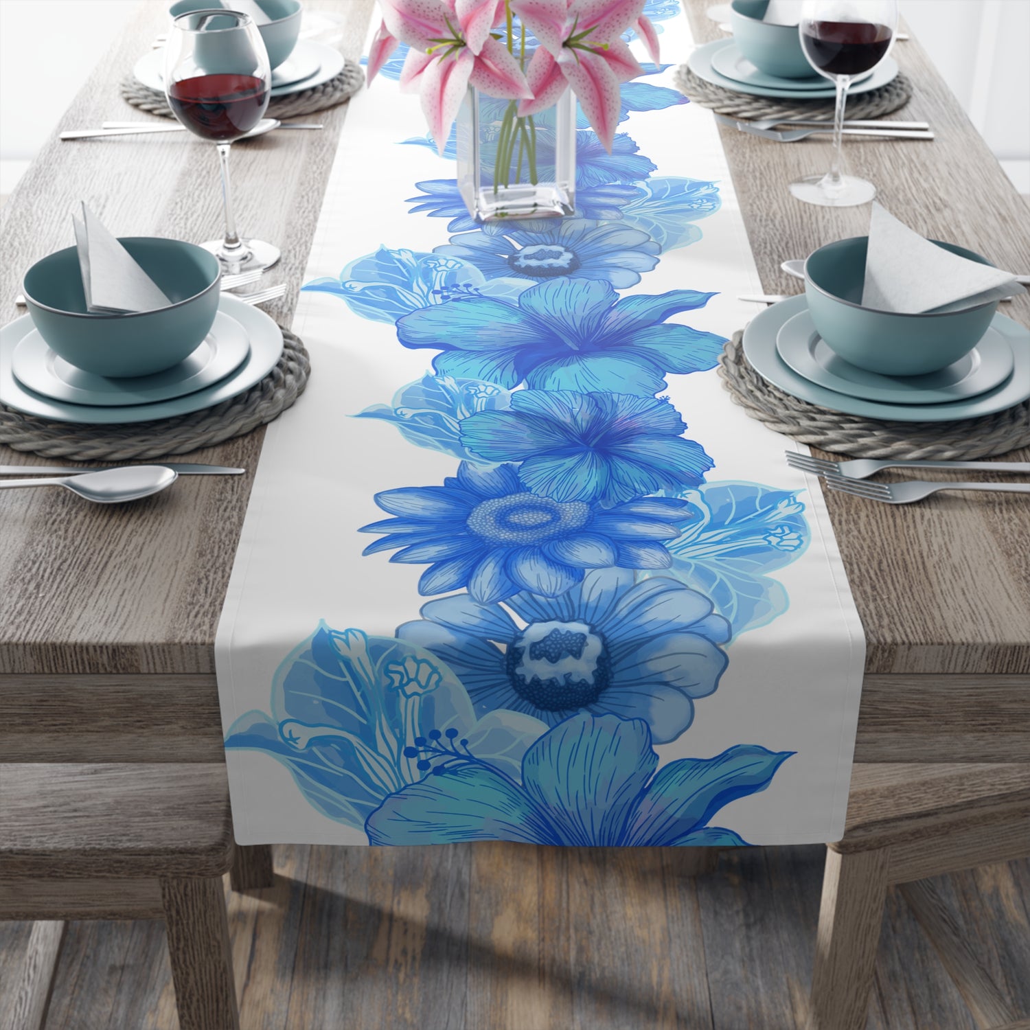 Chinoiserie, Blue And White, Tropical Floral, Hibiscus, Daisy, Dining Room, Kitchen, Side Board Table Wedding Table Runner - Mid Century Modern Gal