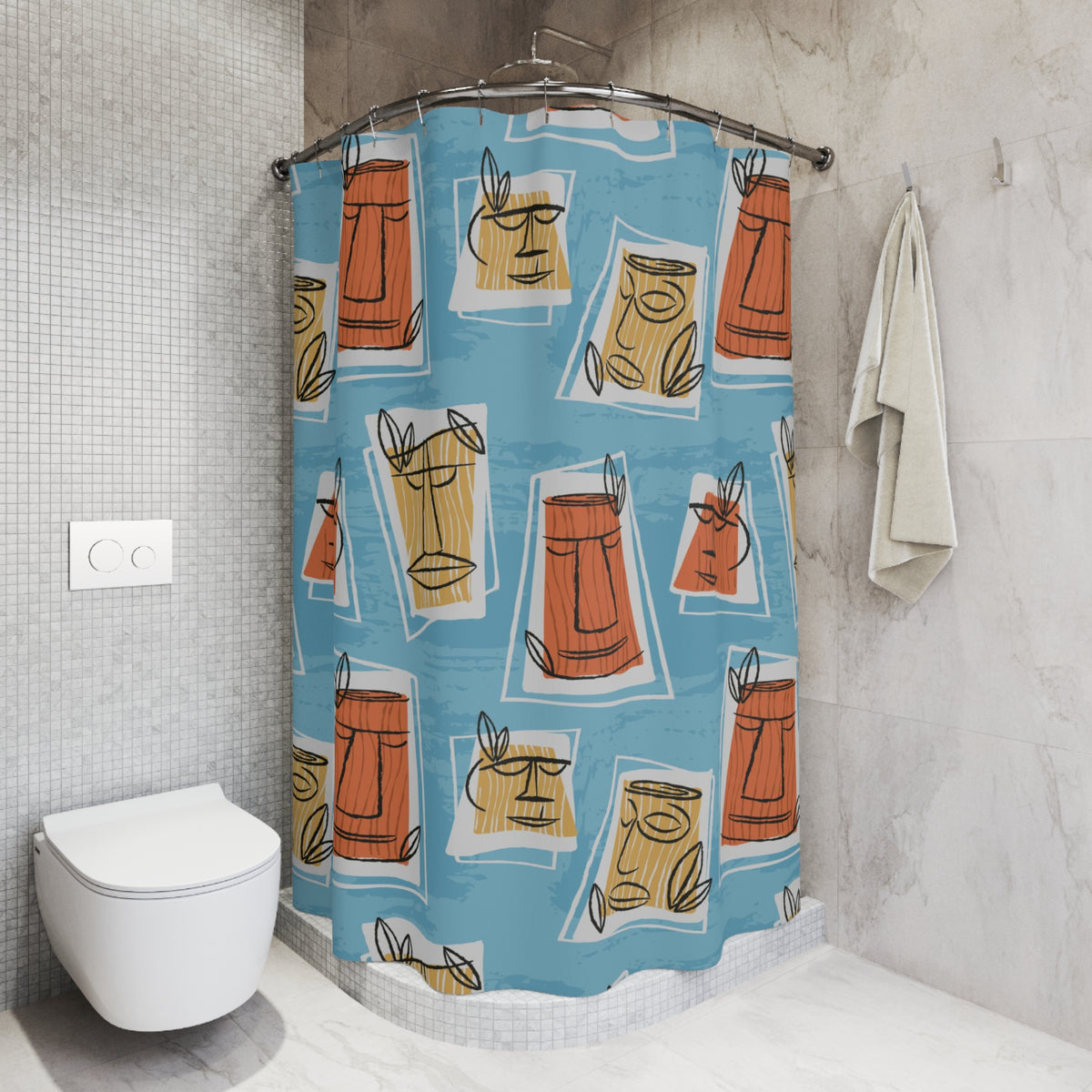 Mid Century Modern Tiki Man, Retro Blue, Yellow, Terracotta Shower Curtain - Mid Century Modern Gal