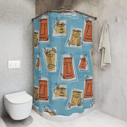 Mid Century Modern Tiki Man, Retro Blue, Yellow, Terracotta Shower Curtain - Mid Century Modern Gal