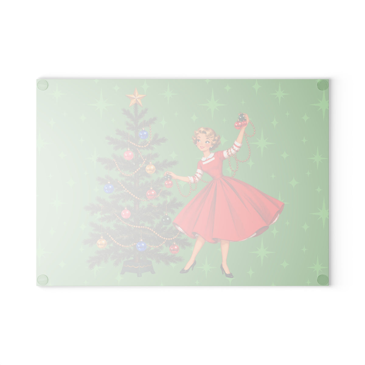 Mid Century Modern Gal Decorating Christmas Tree, Green Atomic Starbursts Glass Cutting Board