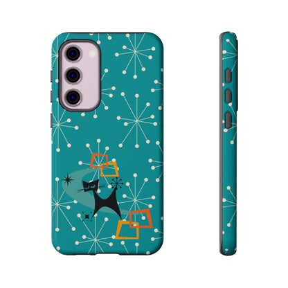 Atomic Space Cat, Starburst Blue, Retro Groovy Smart Phone Tough Phone Cases