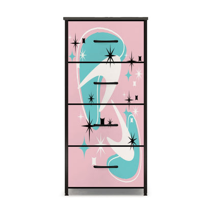 Atomic Starbursts and Boomerangs, Pink Aqua White Mid Century Modern 4-Drawer Dresser - Mid Century Modern Gal