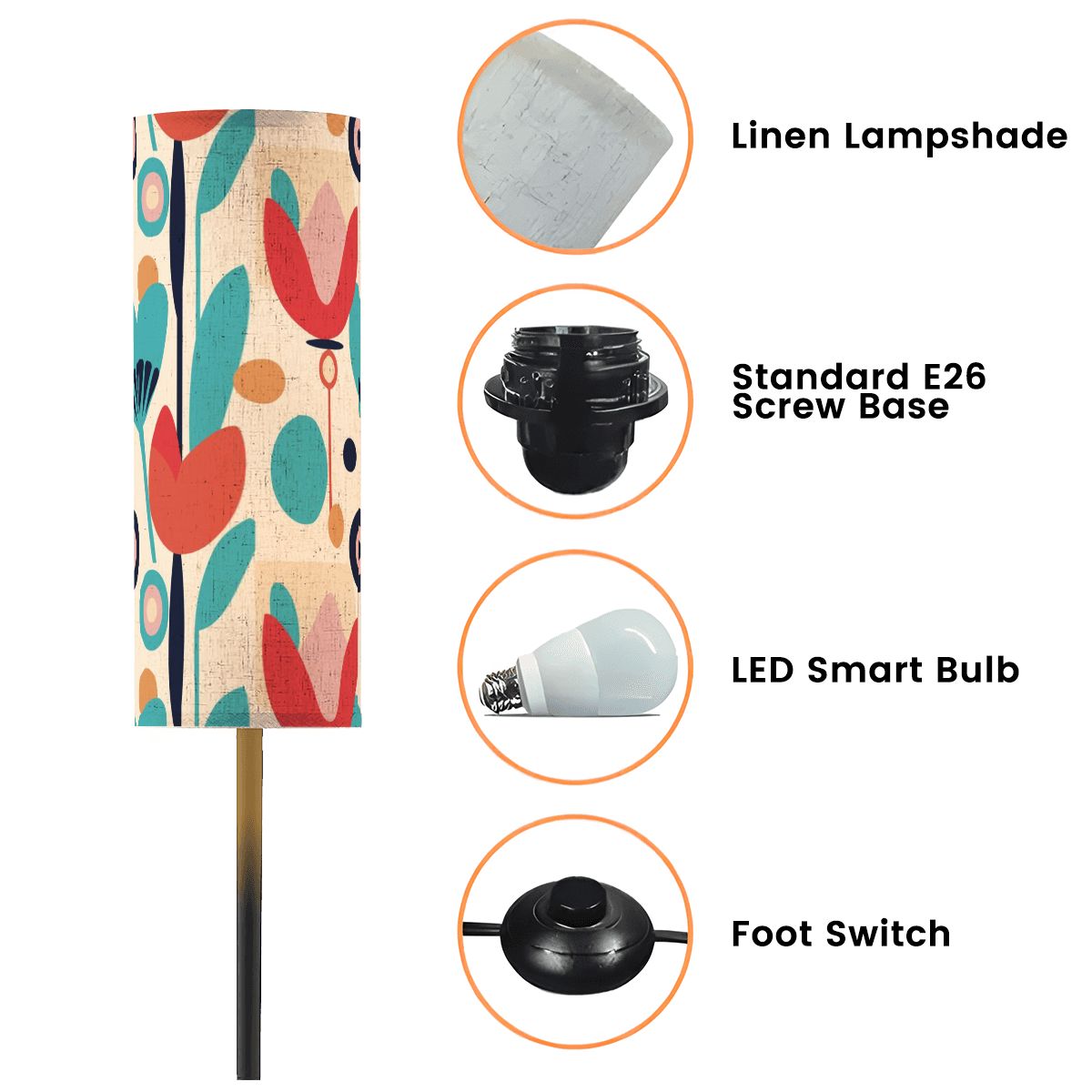 Mid Century Modern Retro Scandinavian Floral Slim Torchiere Floor Lamp - Mid Century Modern Gal