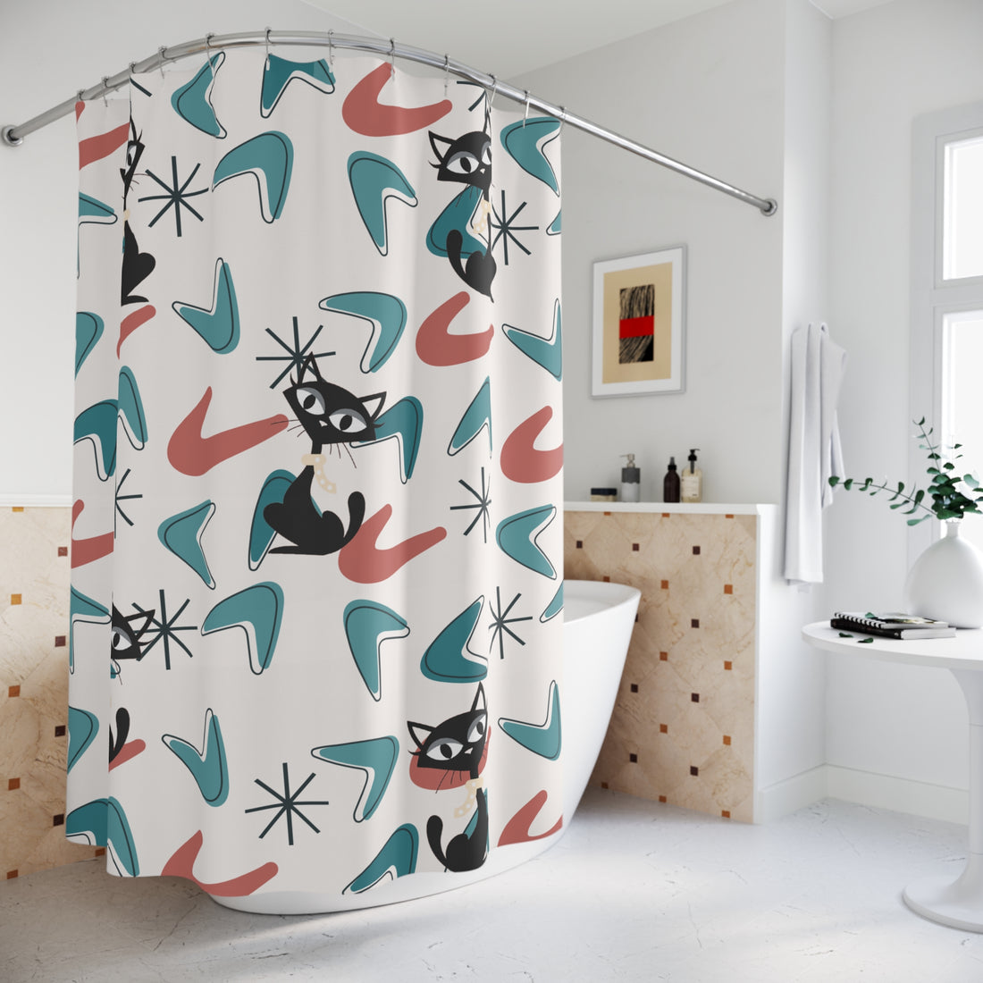 Atomic Cat Bathroom Shower Curtain, Kitschy MCM Boomerang Retro Bath Decor - Mid Century Modern Gal