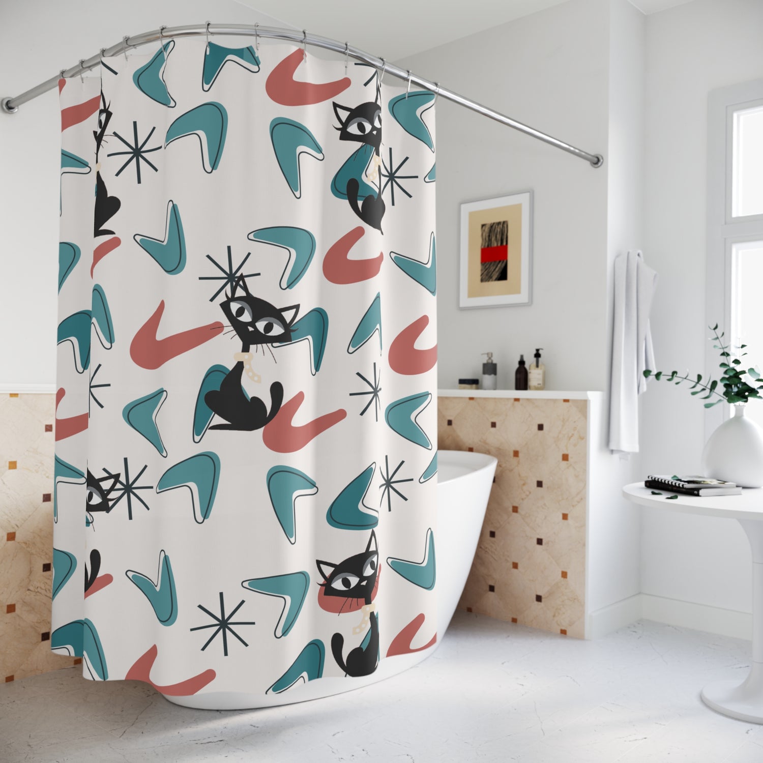 Atomic Cat Bathroom Shower Curtain, Kitschy MCM Boomerang Retro Bath Decor