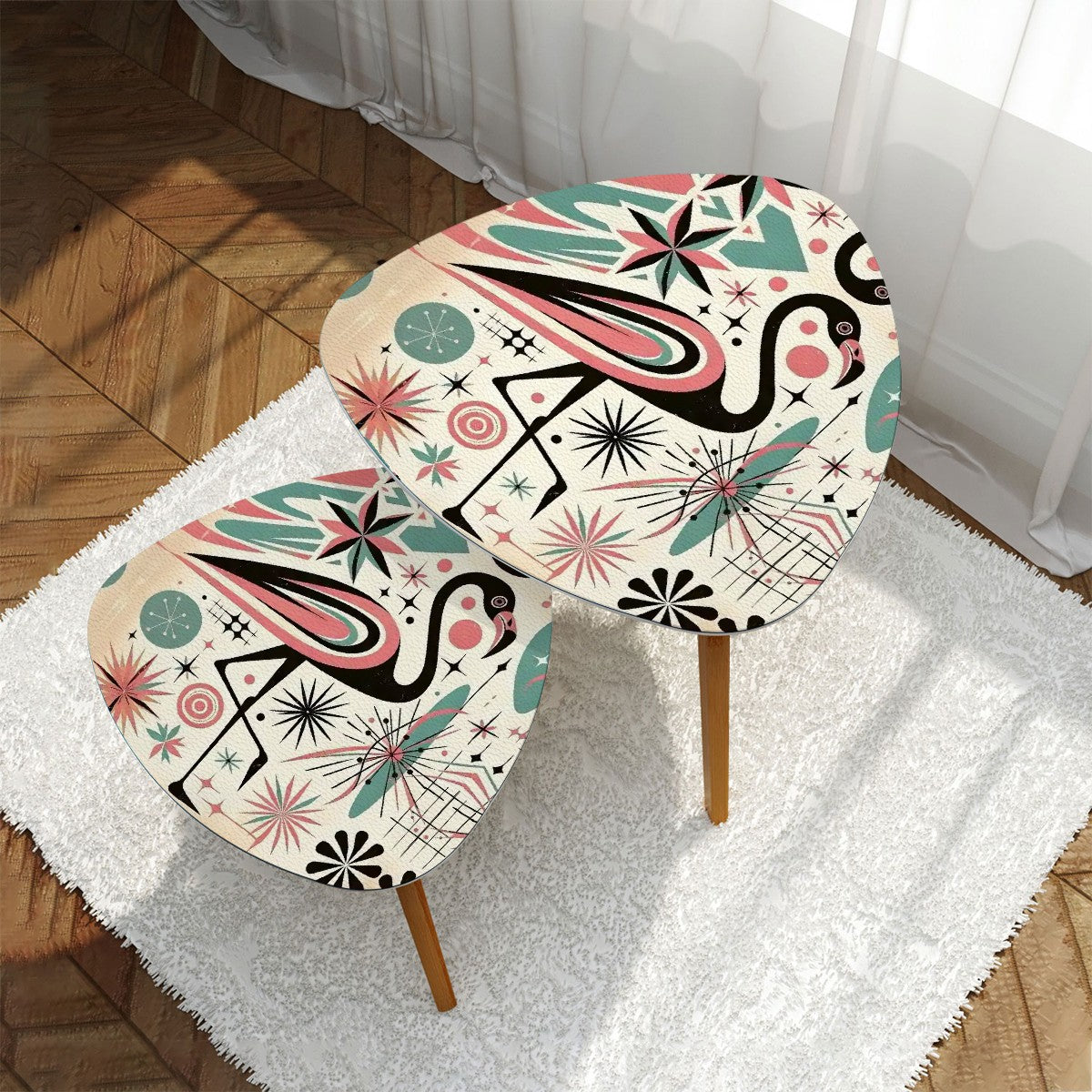 Kitschy 50s Flamingo Mid Century Modern Nesting Tables, Black, Pink, Teal MCM Home Decor - Mid Century Modern Gal