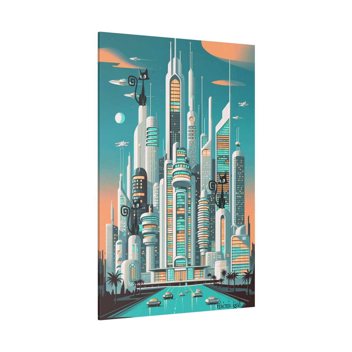 Atomic Cat, Cosmic, Sci-Fit Cat City, Mid Century Modern Matte Canvas Wall Art Canvas 32″ x 48″ (Vertical) / 0.75''