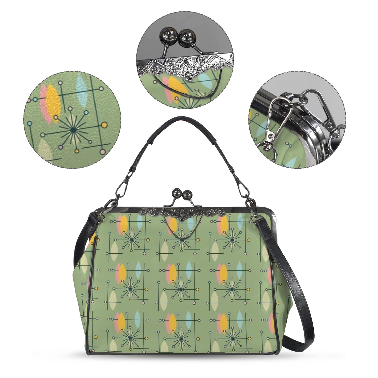 Mid Century Modern Green Yellow Atomic 50s Kisslock Crossbody Purse - Mid Century Modern Gal
