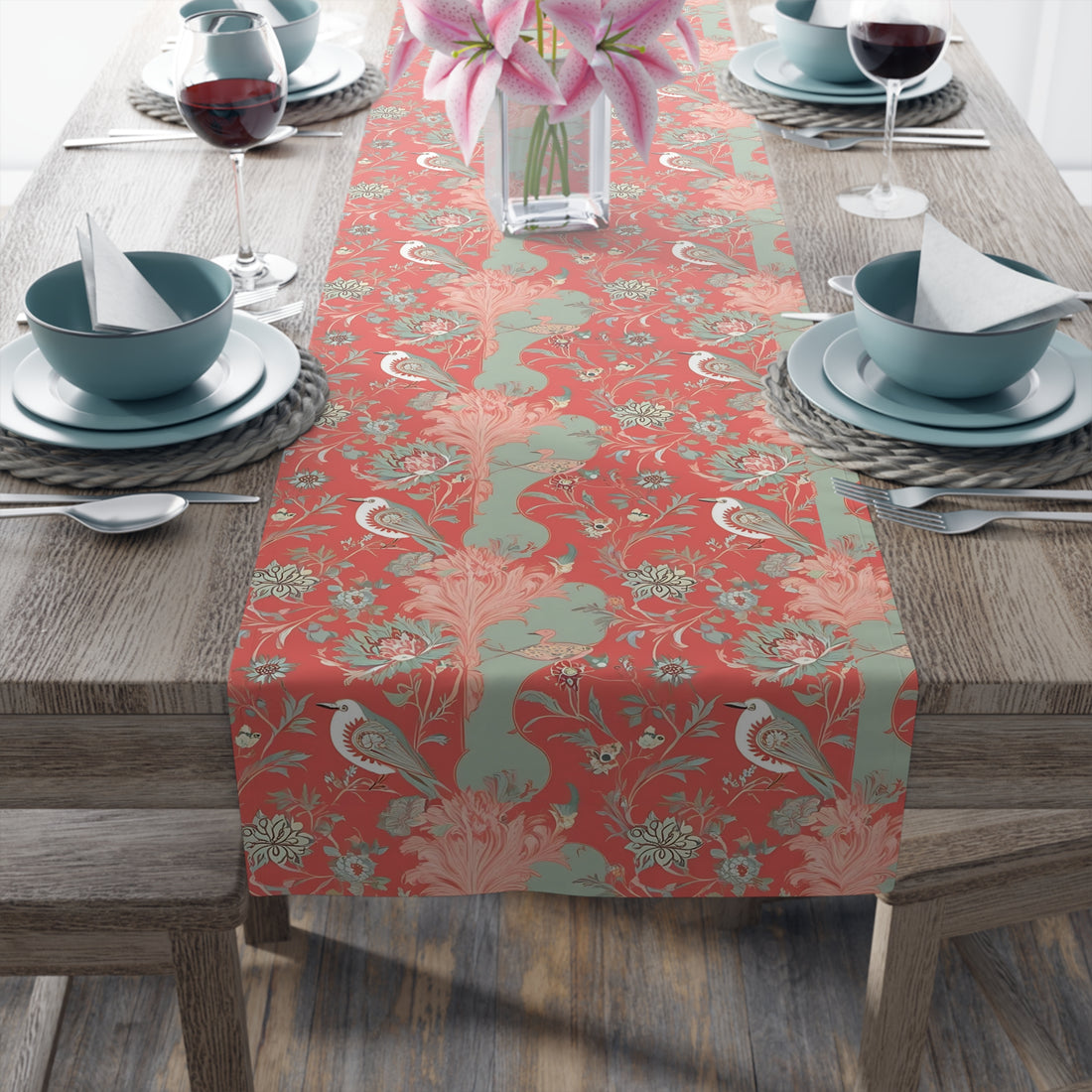 Chinoiserie Botanical Floral Coral, Mint Green Bohemian Floral Table Runner - Mid Century Modern Gal