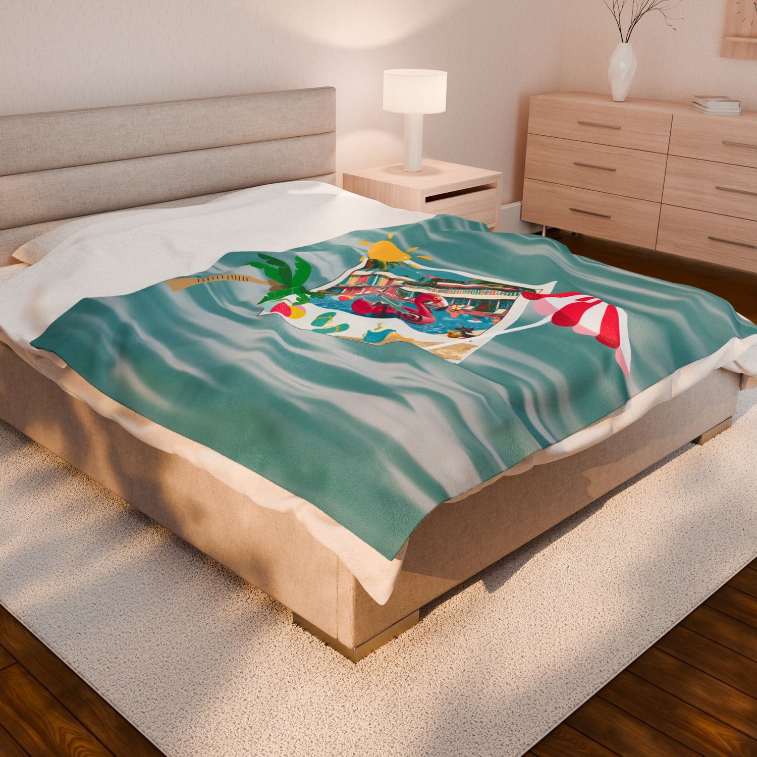 Palm Springs Hotel Retro Mod Flamingo And Atomic Cats, Tropical Getaway Velveteen Plush Blanket - Perfect for Beach Days and Cozy Nights - Mid Century Modern Gal