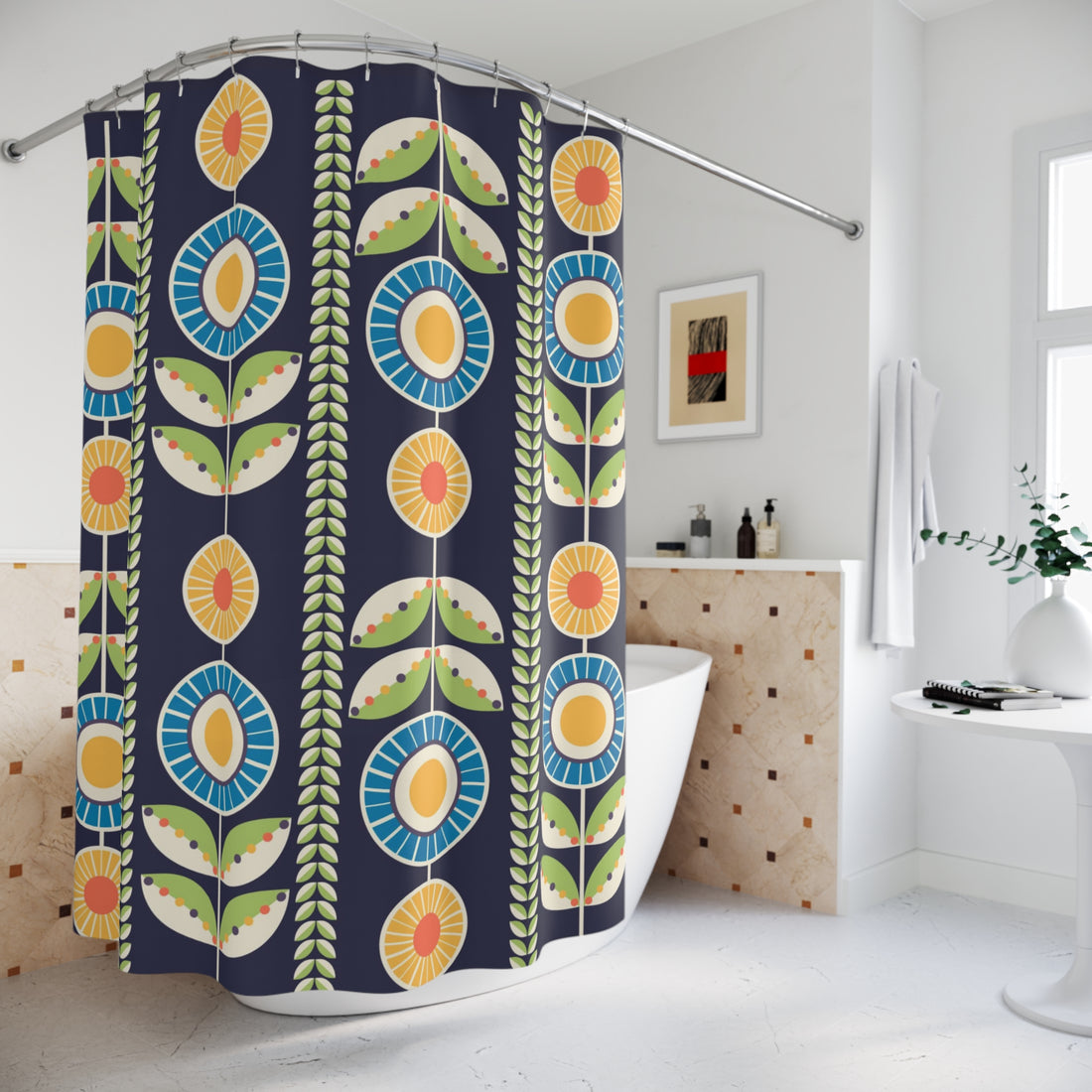 Scandinavian Floral Retro Blue Green, Bohemian Floral Shower Curtain – Colorful Botanical Design for Home Décor - Mid Century Modern Gal