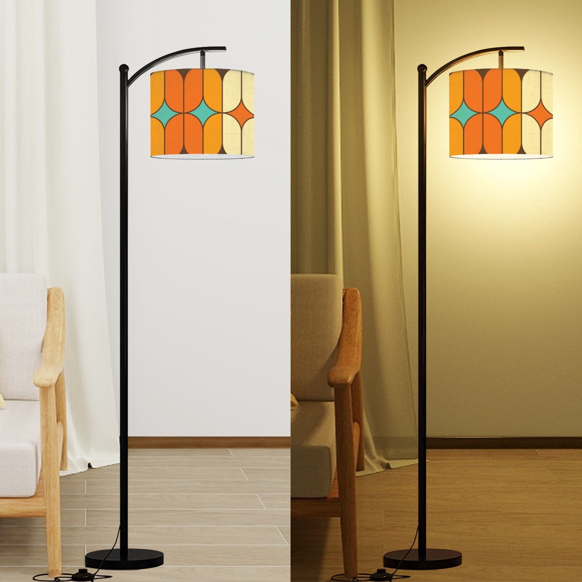 Mid Century Modern Arc Floor Lamp, Orange, Teal Geometric Designed Mod Lighting - Mid Century Modern Gal