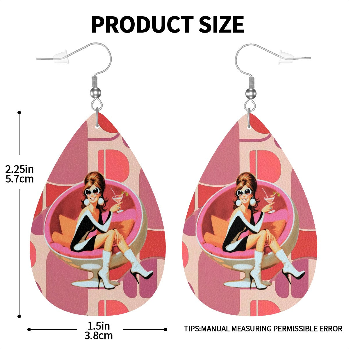 Mod 60s Gal Atomic Cocktail Hour, Pink Retro Faux Leather Teardrop Earrings - Mid Century Modern Gal