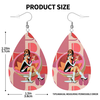 Mod 60s Gal Atomic Cocktail Hour, Pink Retro Faux Leather Teardrop Earrings - Mid Century Modern Gal