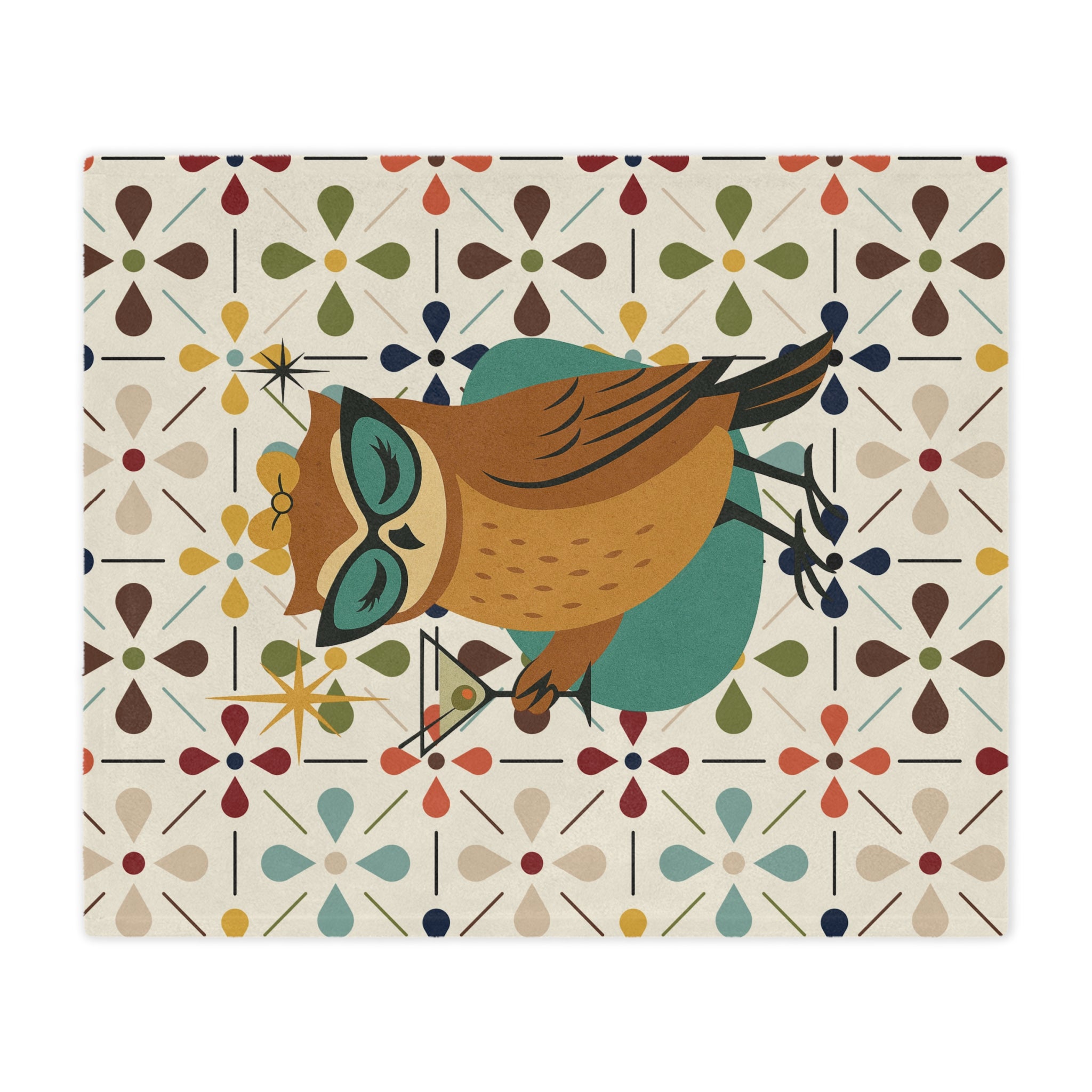 Mid Century Modern Scandinavian Flower, Kitschy Cocktail Owl Soft Minky Blanket - Mid Century Modern Gal