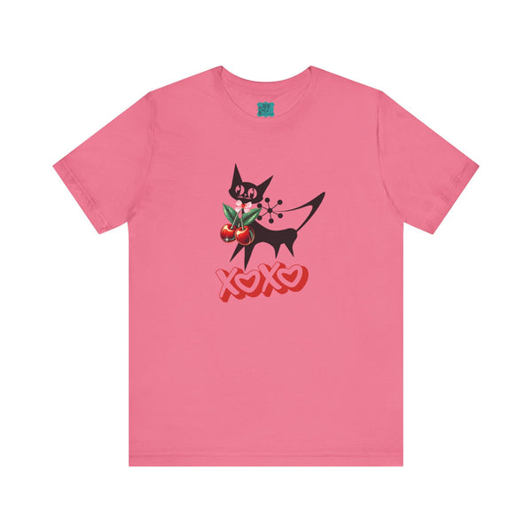 Atomic Cat Valentine Retro Cherries, Playful Cat Graphic Tee, XOXO Love Shirt, Gift for Cat Lovers, Fun Atomic Cherry 50s  Fashion