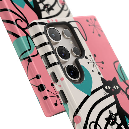 Mid Mod Atomic Cat Boomerang Starburst, Pink, Black Kitschy Stylish Cat Phone Case: Modern Design for Cat Lovers