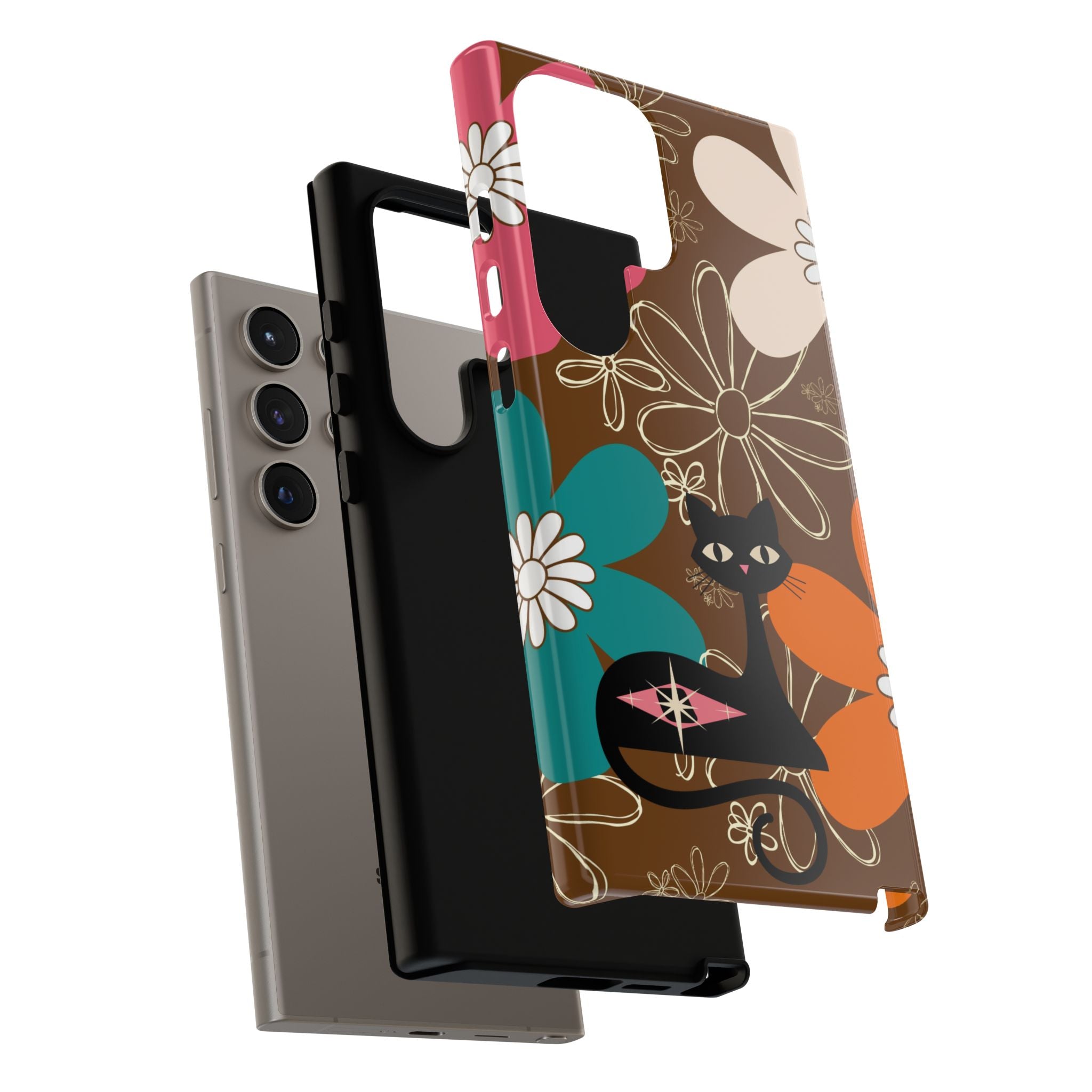 Atomic Cat Retro 70s Vibe Flower Power Tough Cases: Cute Floral and Cat Phone Case for Cat Lovers