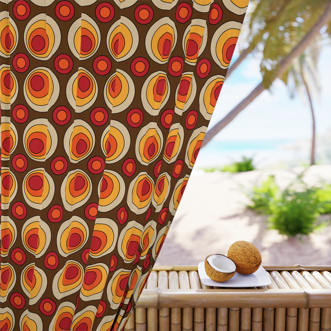 Groovy Retro 70s Space Orbs, Brown, Orange Yellow Mid Mod Window Curtains (1 Piece) - Mid Century Modern Gal