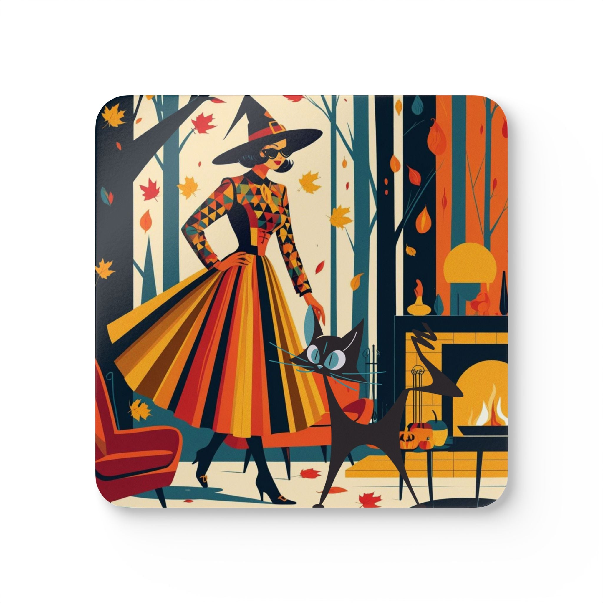 Halloween Kitsch Witch Atomic Cat, Quirky Fun Fall Halloween Corkwood Coaster Set - Mid Century Modern Gal