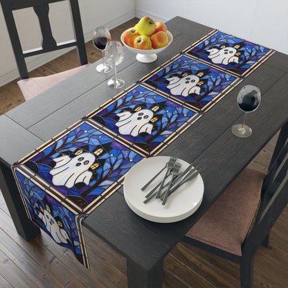 Halloween Stained Glass Style Ghost Haunted House Table Runner